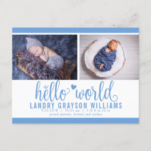 Carte Postale Faire-part Blue Hello World Photo Birth Stat