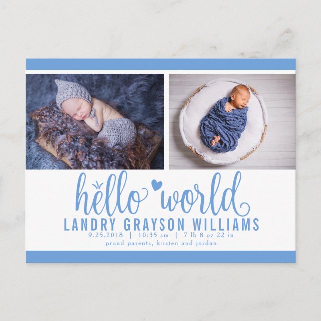 Carte Postale Faire-part Blue Hello World Photo Birth Stat (Devant)