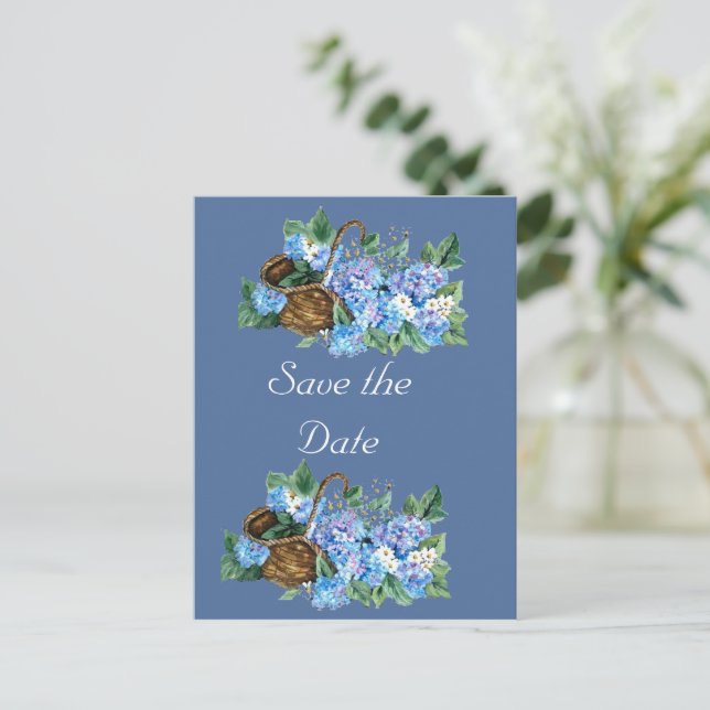 Carte Postale Faire-part BLUE HYDRANGEA enregistrer la date (Debout devant)