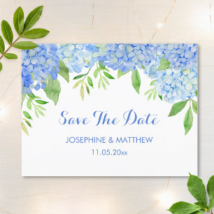 Carte Postale Faire-part Blue Hydrangea Floral Green Enregistrer la date