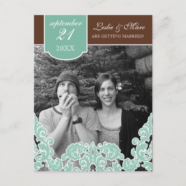 Carte Postale Faire-part Blue Leaf Swirl Damask 2 Enregistrer la date (Devant)