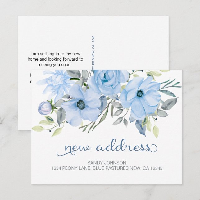 Carte Postale Faire-part Blue Peony Floral Ma nouvelle adresse (Devant / Derrière)