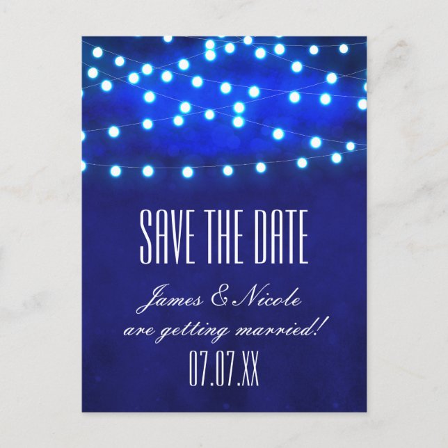 Carte Postale Faire-part Blue Rustic Night String Lights Enregistrer la dat (Devant)