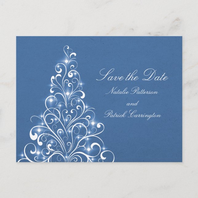 Carte Postale Faire-part Blue Sparkly Holiday Tree Enregistrer la date Cart (Devant)