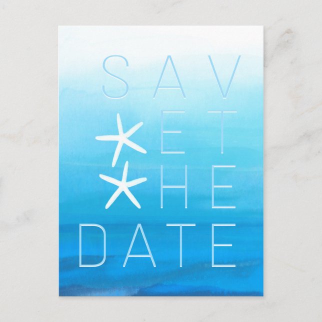Carte Postale Faire-part Blue Watercolor Beach Wedding Enregistrer la date (Devant)
