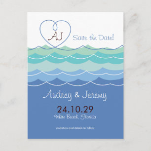 Carte Postale Faire-part Blue Waves Loopy Heart Beach Modern Enregistrer La
