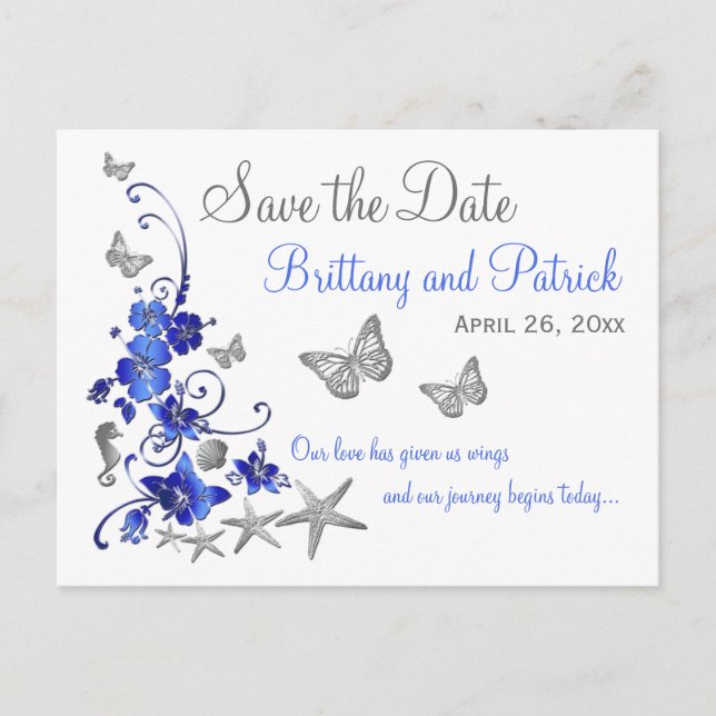 Carte Postale Faire-part Blue White Tropical Beach Enregistrer la date Cart (Devant)