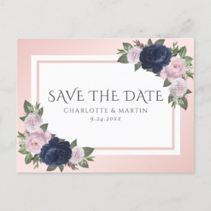 Carte Postale Faire-part Blush Navy Blue Floral Mariage Enregistrer La Date