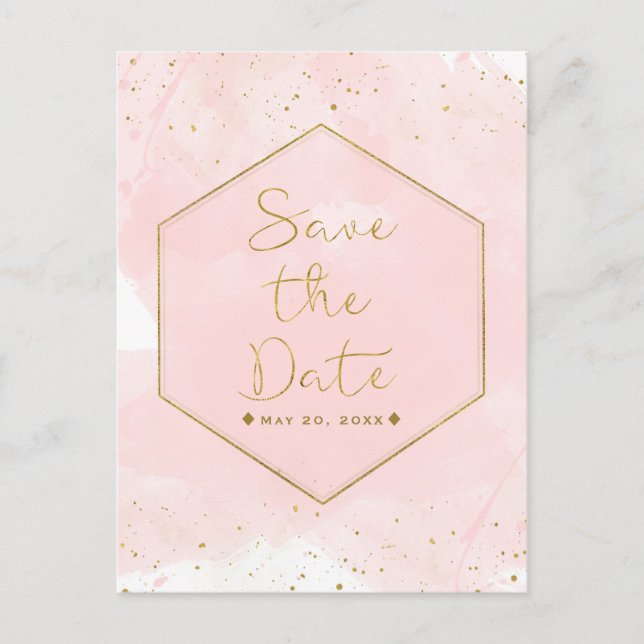 Carte Postale Faire-part Blush rose & Gold Splatter Moderne Enregistrer la  (Devant)