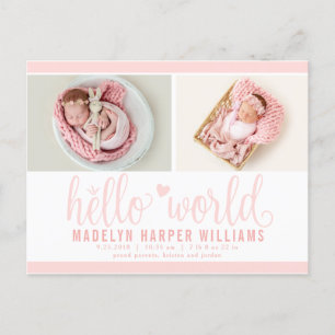 Carte Postale Faire-part Blush Rose Hello World Photo Birth Stat