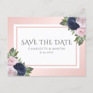 Carte Postale Faire-part Blush Rose Navy Blue Floral Mariage Enregistrer La