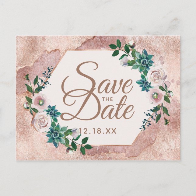 Carte Postale Faire-part Blush Rose Or Succulents Enregistrer la date (Devant)