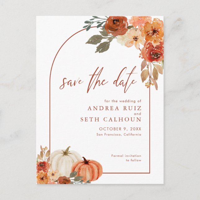 Carte Postale Faire-part Boho Arch Automne Citrouille Terracotta Save The D (Devant)