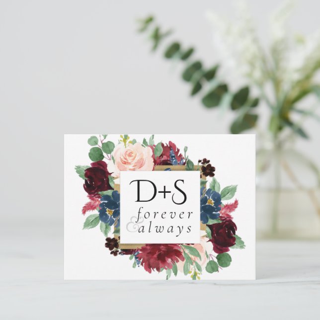 Carte Postale Faire-part Boho Bloom | Bourgogne Navy Monogramme Enregistrer (Debout devant)