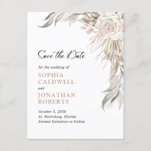 Carte Postale Faire-part Boho Blush Rose Elegant Foliage Enregistrer la dat