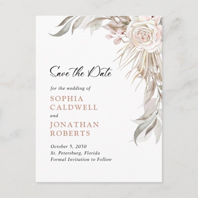 Carte Postale Faire-part Boho Blush Rose Elegant Foliage Enregistrer la dat (Devant)