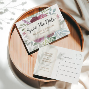 Carte Postale Faire-part Boho Burgundy Aquarelle Floral Enregistrer La Date