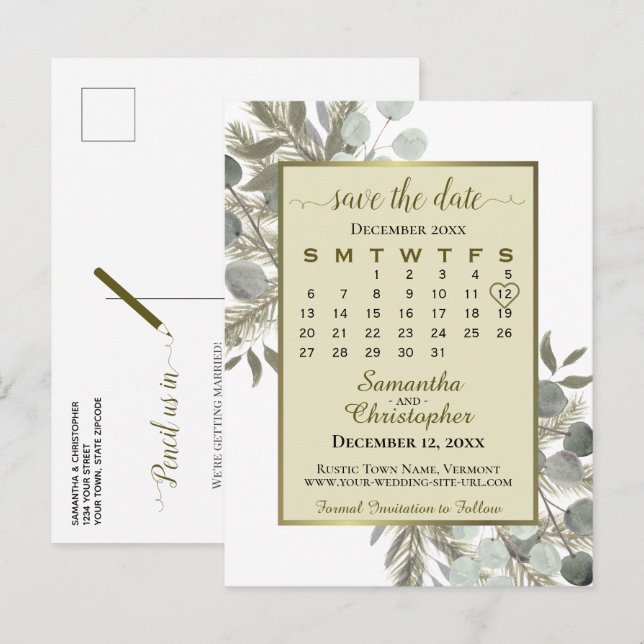 Carte Postale Faire-part Boho Eucalyptus & Pine Gold Enregistrer le calendr (Devant / Derrière)