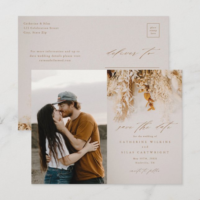 Carte Postale Faire-part Boho Fall Flowers Photo Wedding Enregistrer La Dat (Devant / Derrière)