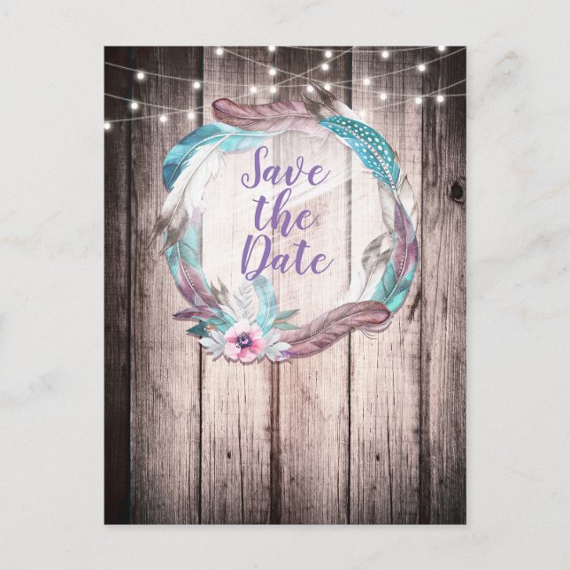Carte Postale Faire-part Boho Feathers Wreath & String Lights Enregistrer l (Devant)
