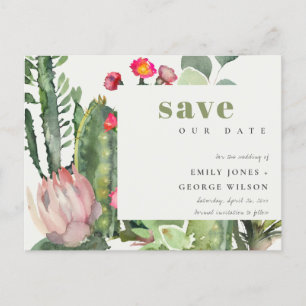 CARTE POSTALE FAIRE-PART BOHO FLEURS ROSES CACTUS DU DÉSERT FAUNE ÉVÉNEMENT