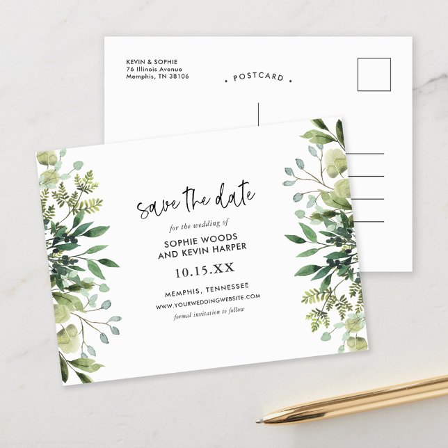 Carte Postale Faire-part Boho Green Modern Enregistrer la date (Créateur téléchargé)