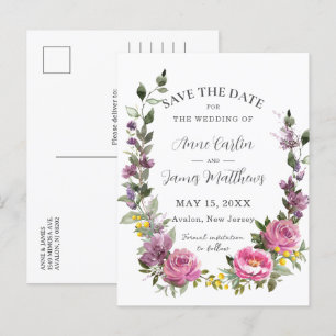 Carte Postale Faire-part Boho Magenta Violet Floral Mariage Épargnez la Dat