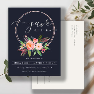 CARTE POSTALE FAIRE-PART BOHO NAVY BLUSH WREATH FLORA PAYS ENREGISTRER LA D