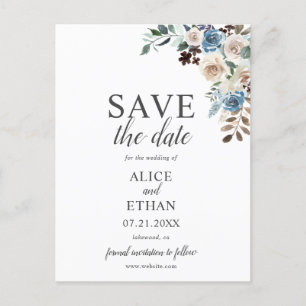 Carte Postale Faire-part Boho poussiéreux bleu beige Fleur Mariage Économis
