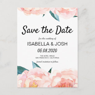 Carte Postale Faire-part Boho rose de pivoine florale Enregistrer la date