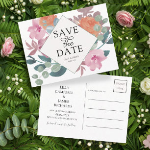 Carte Postale Faire-part Boho Rose & Vert Aquarelle Fleurie Économisez la D