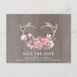 Carte Postale Faire-part Boho Rustique Blush Floral Antlers Enregistrer la