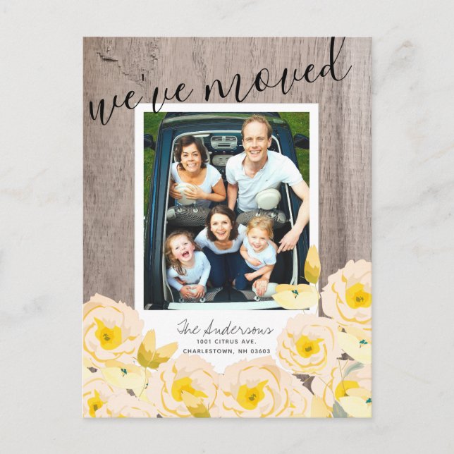 Carte Postale Faire-part Boho Rustique Rose Floral Bois Photo Déménagement (Devant)