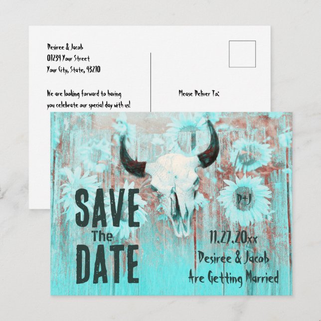 Carte Postale Faire-part Boho rustique Turquoise Sunflower Ouest Vache Crân (Devant / Derrière)