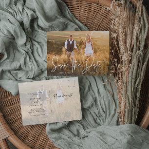 Carte Postale Faire-part Boho simple Elégant script photo Enregistrer la