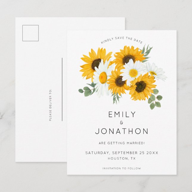 Carte Postale Faire-part Boho Sunflower Florals Rustique Enregistrer La Dat (Devant / Derrière)