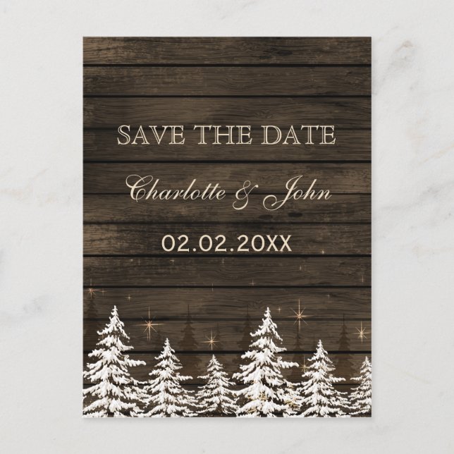 Carte Postale Faire-part Bois de pin rustique, hiver enregistrer la date (Devant)