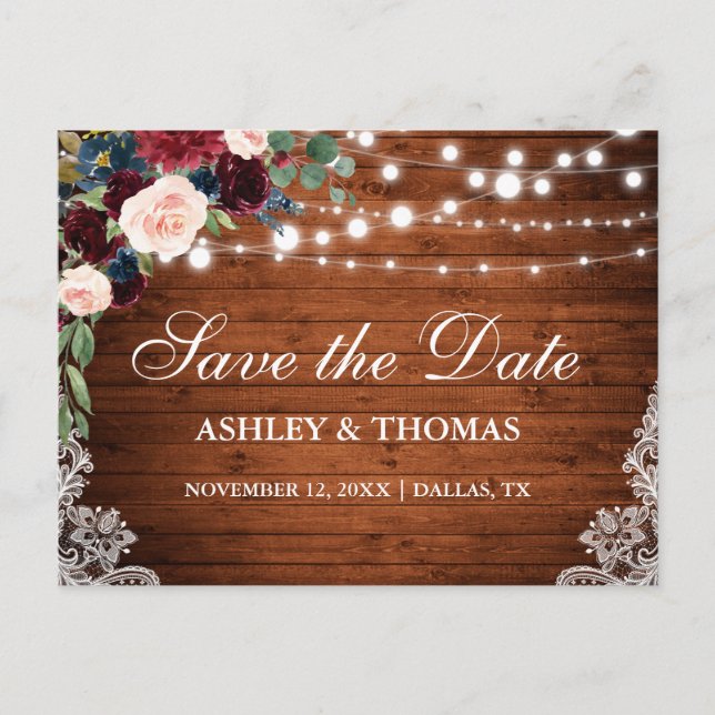 Carte Postale Faire-part Bois Rustique Bourgogne Bleu Floral Save the Date (Devant)