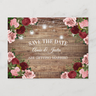 Carte Postale Faire-Part Bois Rustique Bourgogne Rose Floral