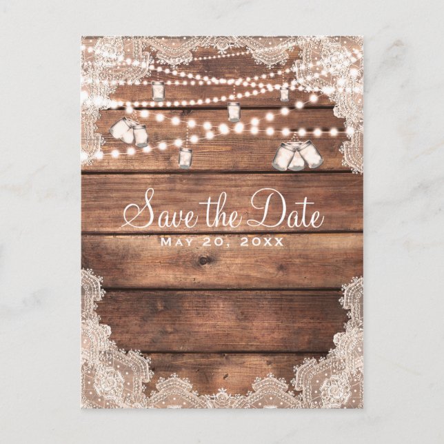 Carte Postale Faire-part Bois rustique dentelle romantique Mason jarres Enr (Devant)