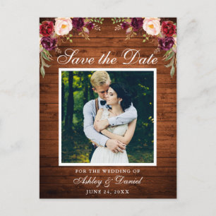 Carte Postale Faire-part Bois rustique Floral Bourgogne Enregistrer la date