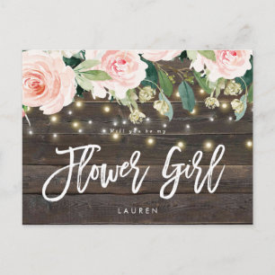 Carte Postale Faire-part bois rustique rose floral veux-tu être ma demoisel