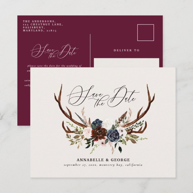 Carte Postale Faire-part Bois rustique script marine bordeaux mariage flora (Devant / Derrière)