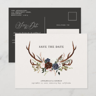 Carte Postale Faire-part Bois rustique script marine bordeaux mariage flora