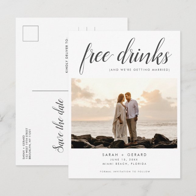 Carte Postale Faire-part Boissons gratuites Beach Wedding Photo Enregistrer (Devant / Derrière)