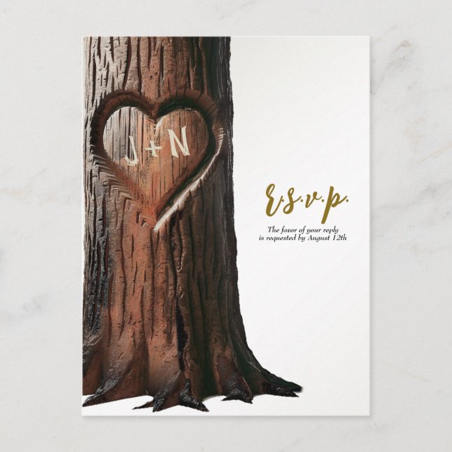 Carte Postale Faire-part Boîtier de coeur sculpté souche Mariage rustique R (Devant)