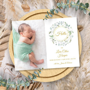 Carte Postale Faire-part Bonjour Photo de naissance Floral Script Doré 