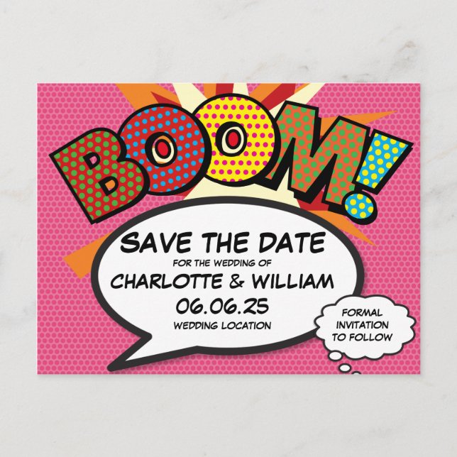 Carte Postale Faire-part BOOM Enregistrez la date Fun Retro Bande dessinée  (Devant)