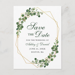 Carte Postale Faire-part Botanique Eucalyptus Green Gold Sauvez la date