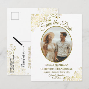 Carte Postale Faire-part Boucles dorées fantaisie Photo ovale pour faire-pa